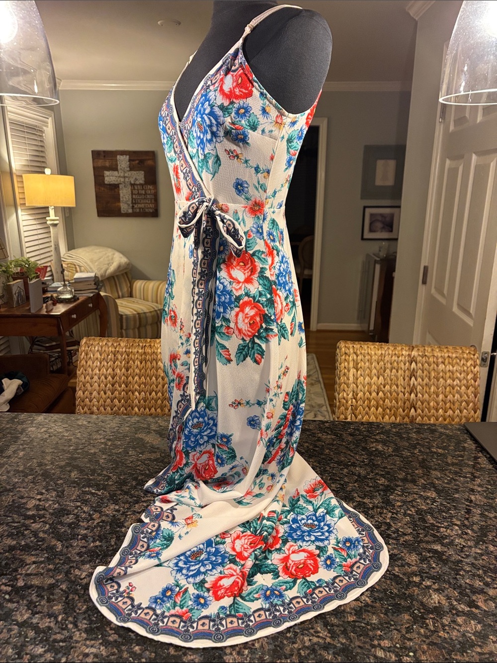 fab'rik White Floral Wrap Midi Dress with Blue & Red Blooms
